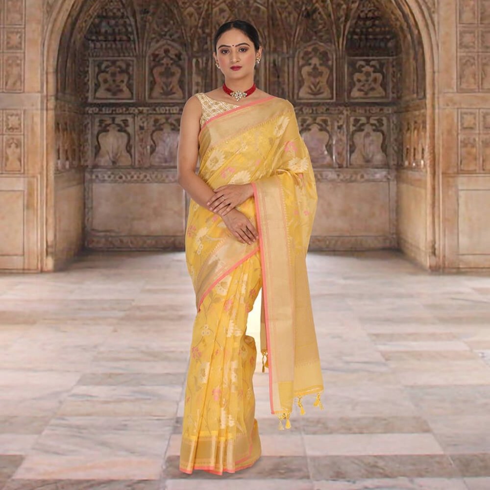 Banaras Kota Tilfi Jaal work Indian sari - Yellow